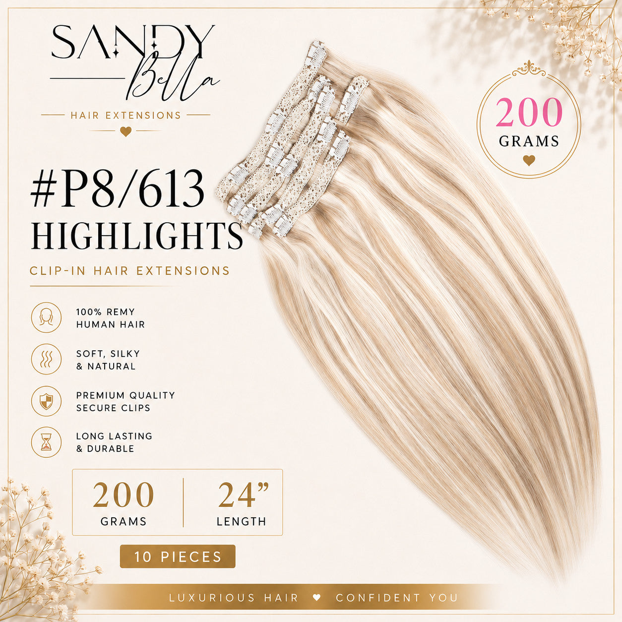 #P8/613 Highlights 24" Clip-in Hair Extensions 200 Grams 10 pieces - Sandy Bella product card with clips detail