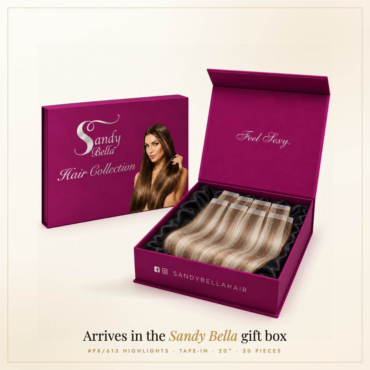 Sandy Bella #P8/613 Highlights 20 inch tape-in hair extensions in the signature gift box