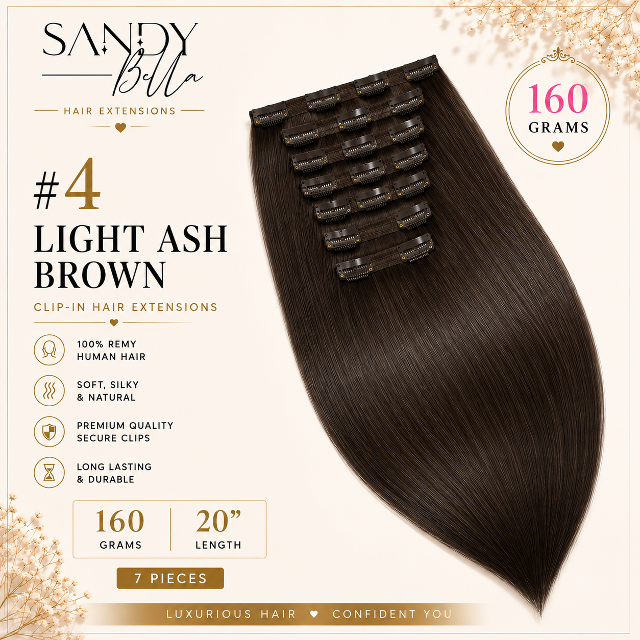 #4 Light Ash Brown 20" Clip-in (160 Grams)