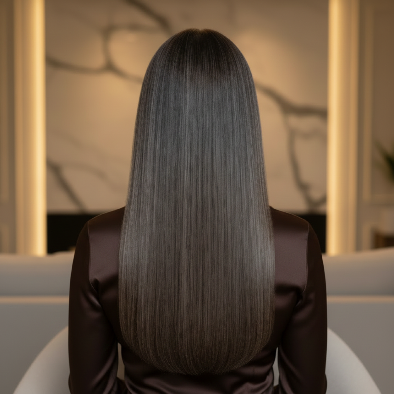 Back view model wearing Sandy Bella #2 Medium Ash Brown tape-in hair extensions, 24 inch, 70 grams