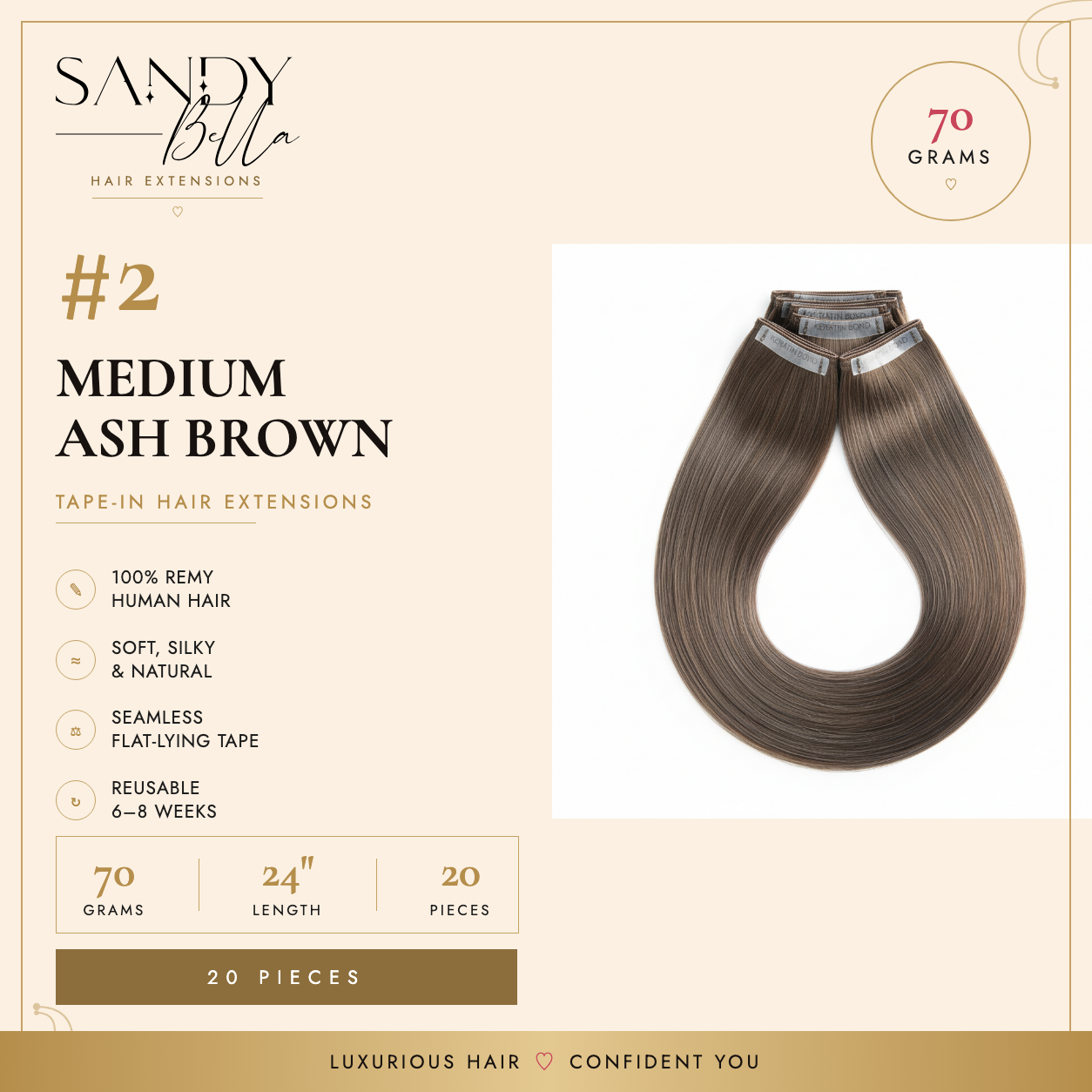 Sandy Bella #2 Medium Ash Brown tape-in hair extensions information card, 70 grams, 24 inch, 20 pieces