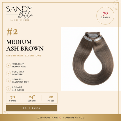 Sandy Bella #2 Medium Ash Brown tape-in hair extensions information card, 70 grams, 24 inch, 20 pieces