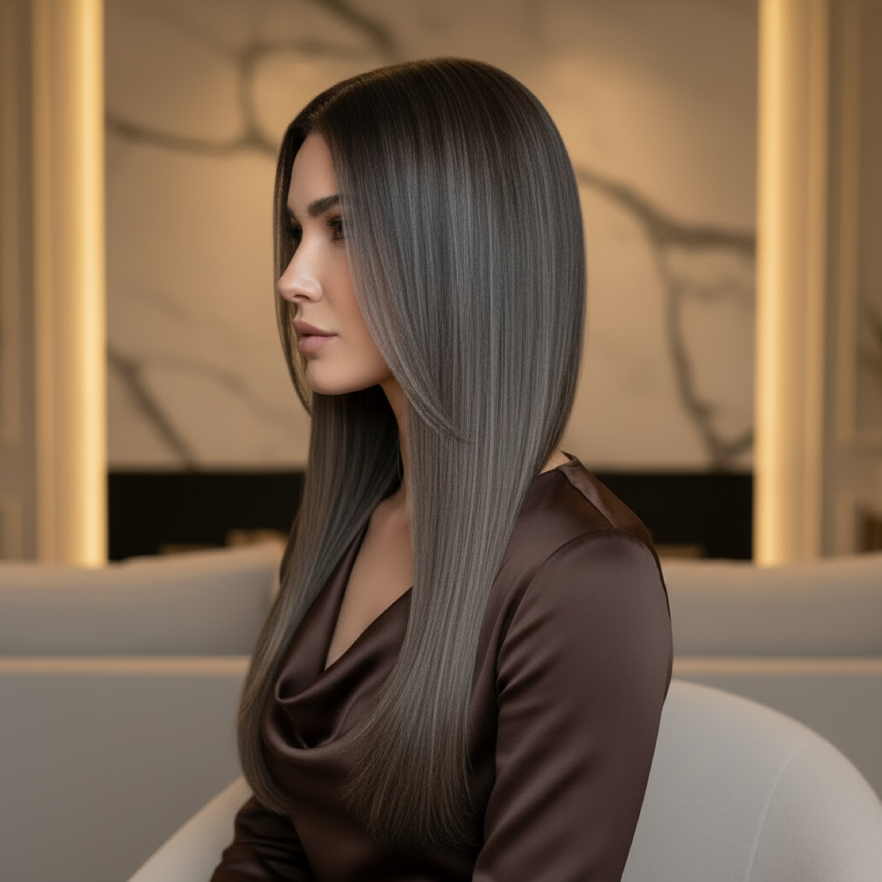 Side view model wearing Sandy Bella #2 Medium Ash Brown tape-in hair extensions, 24 inch, 70 grams