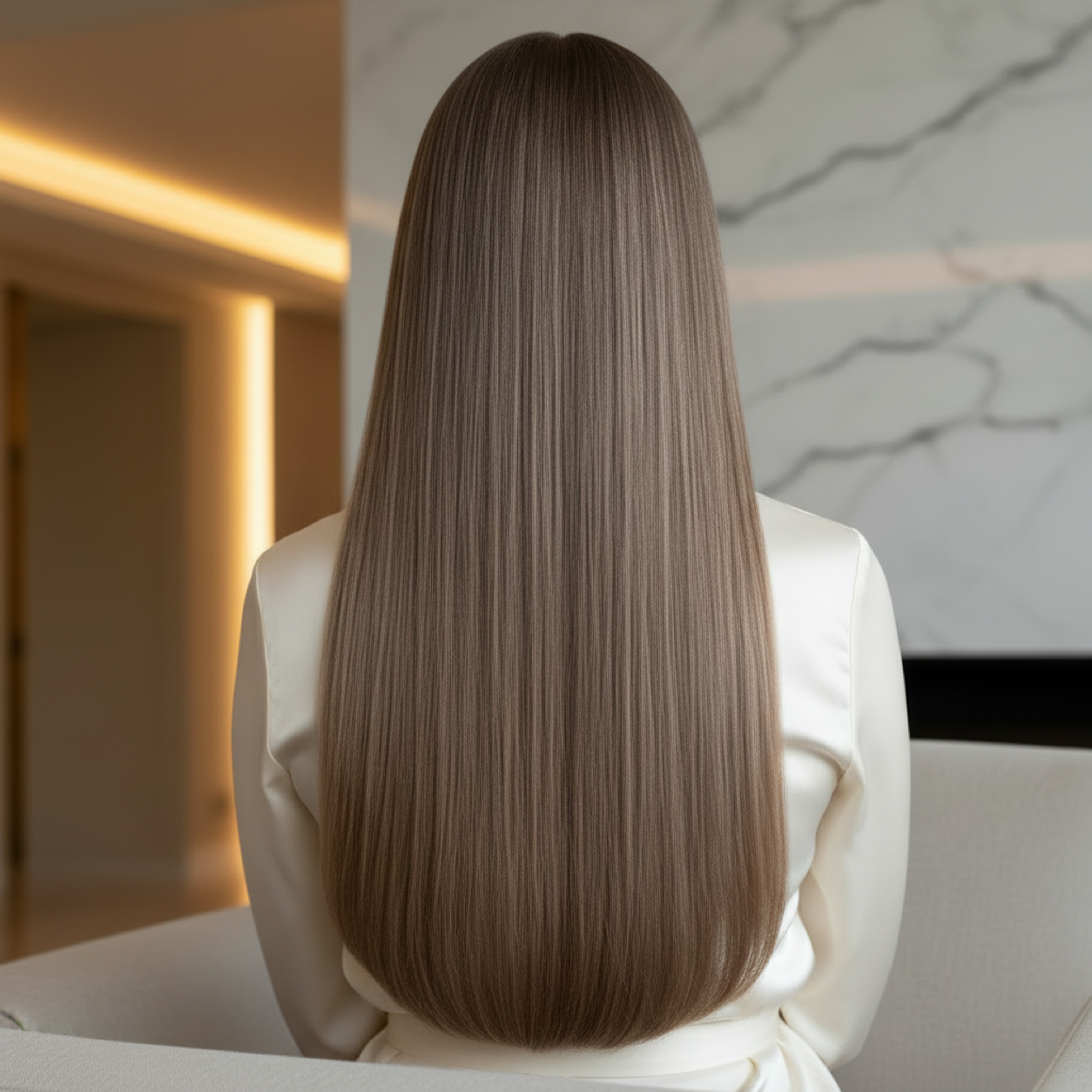 Back view model wearing Sandy Bella #4 Light Ash Brown tape-in hair extensions, 24 inch, 70 grams