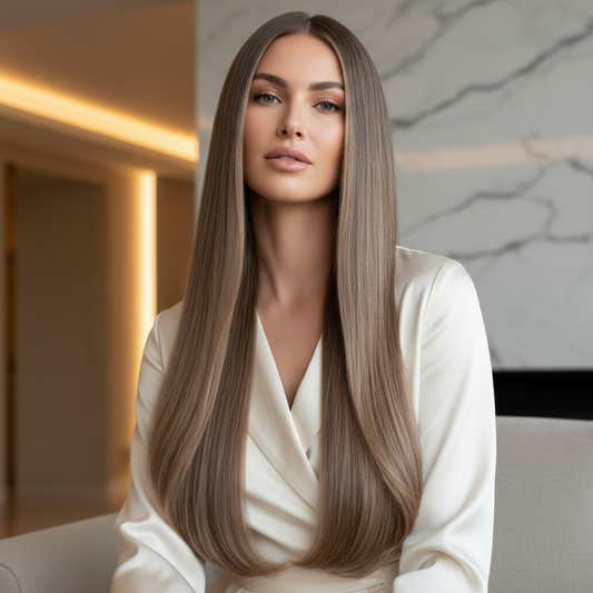 Front view model wearing Sandy Bella #4 Light Ash Brown tape-in hair extensions, 24 inch, 70 grams