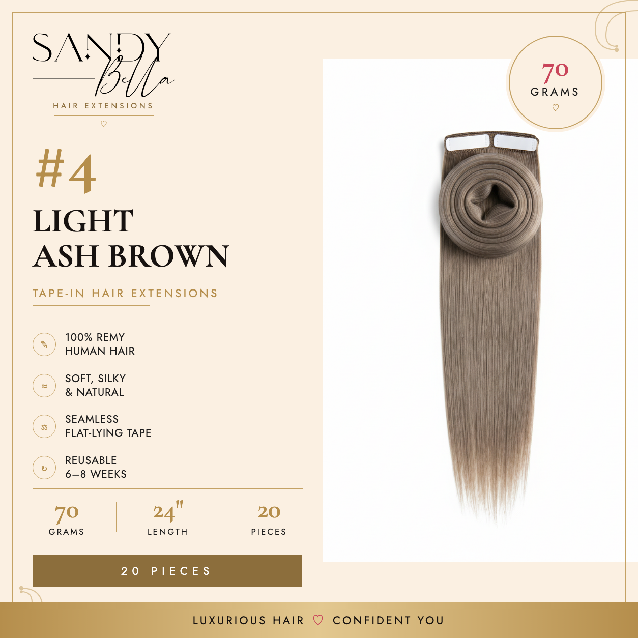 Sandy Bella #4 Light Ash Brown tape-in hair extensions information card, 70 grams, 24 inch, 20 pieces