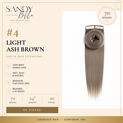 Sandy Bella #4 Light Ash Brown tape-in hair extensions information card, 70 grams, 24 inch, 20 pieces