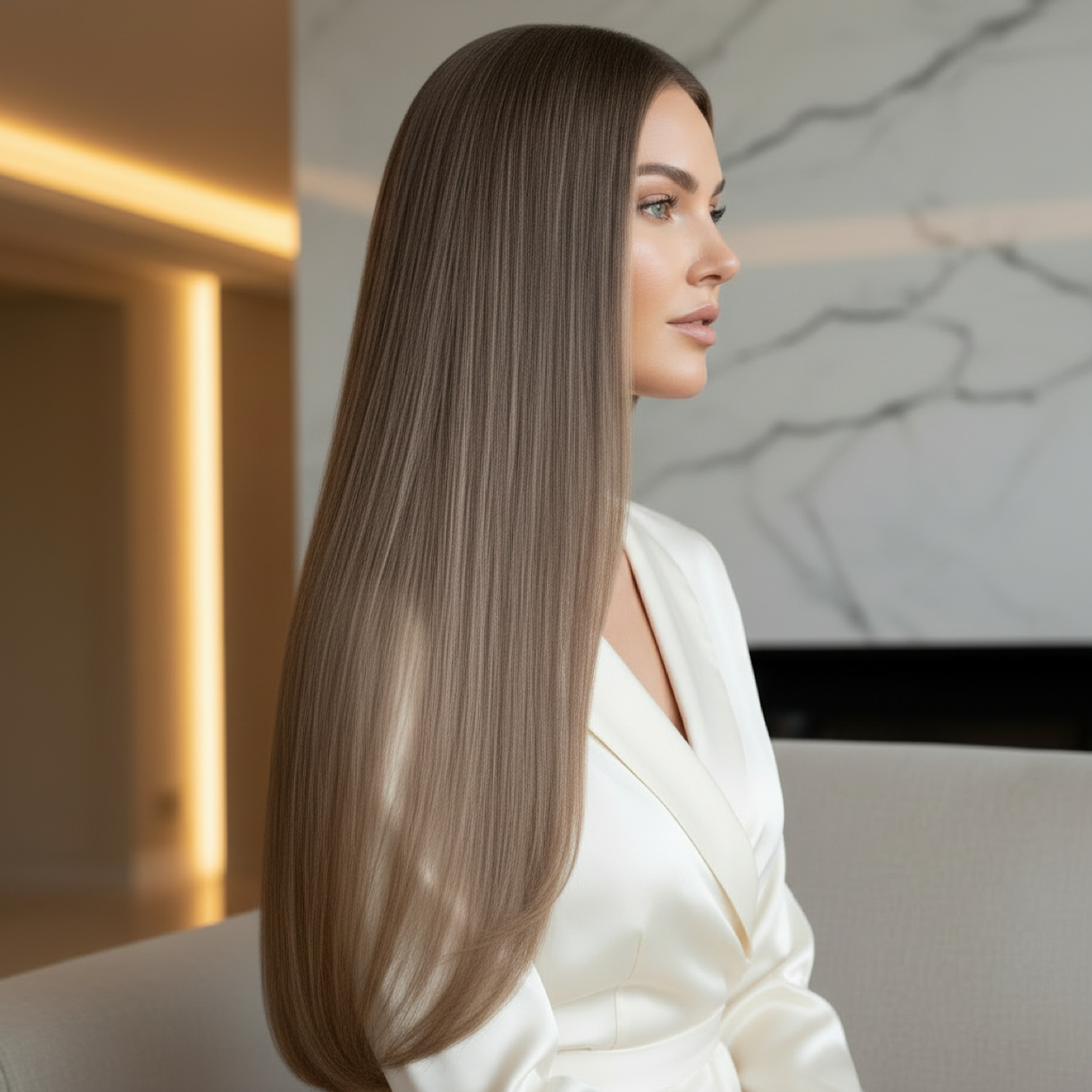 Side view model wearing Sandy Bella #4 Light Ash Brown tape-in hair extensions, 24 inch, 70 grams