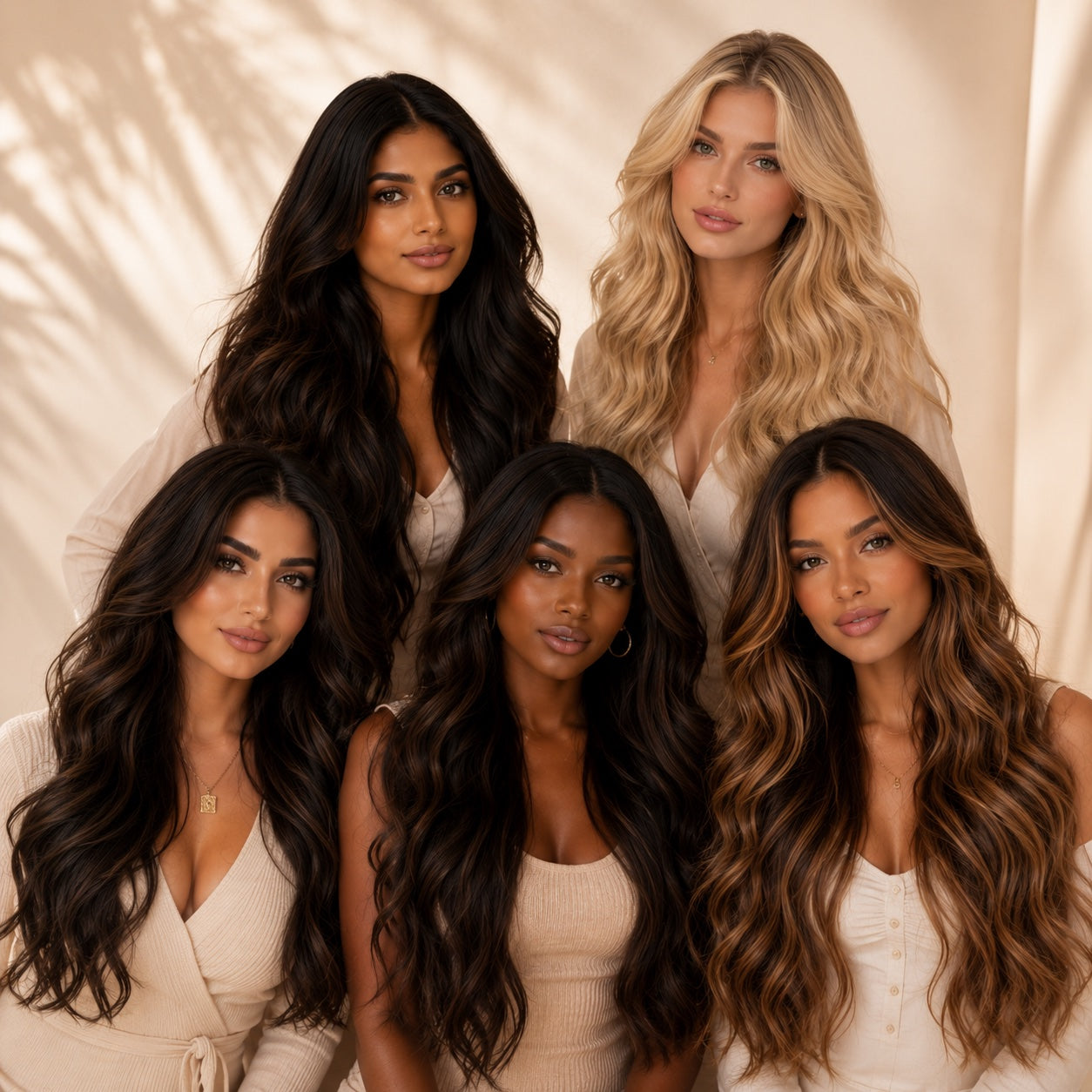 Five models wearing Sandy Bella hair extensions in shades from jet black to blonde